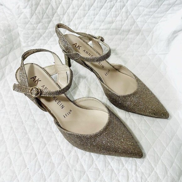 Anne Klein Shoes - Anne Klein Glitter Ankle Strap Stiletto Pump Gold Pointed Toe Synthetic